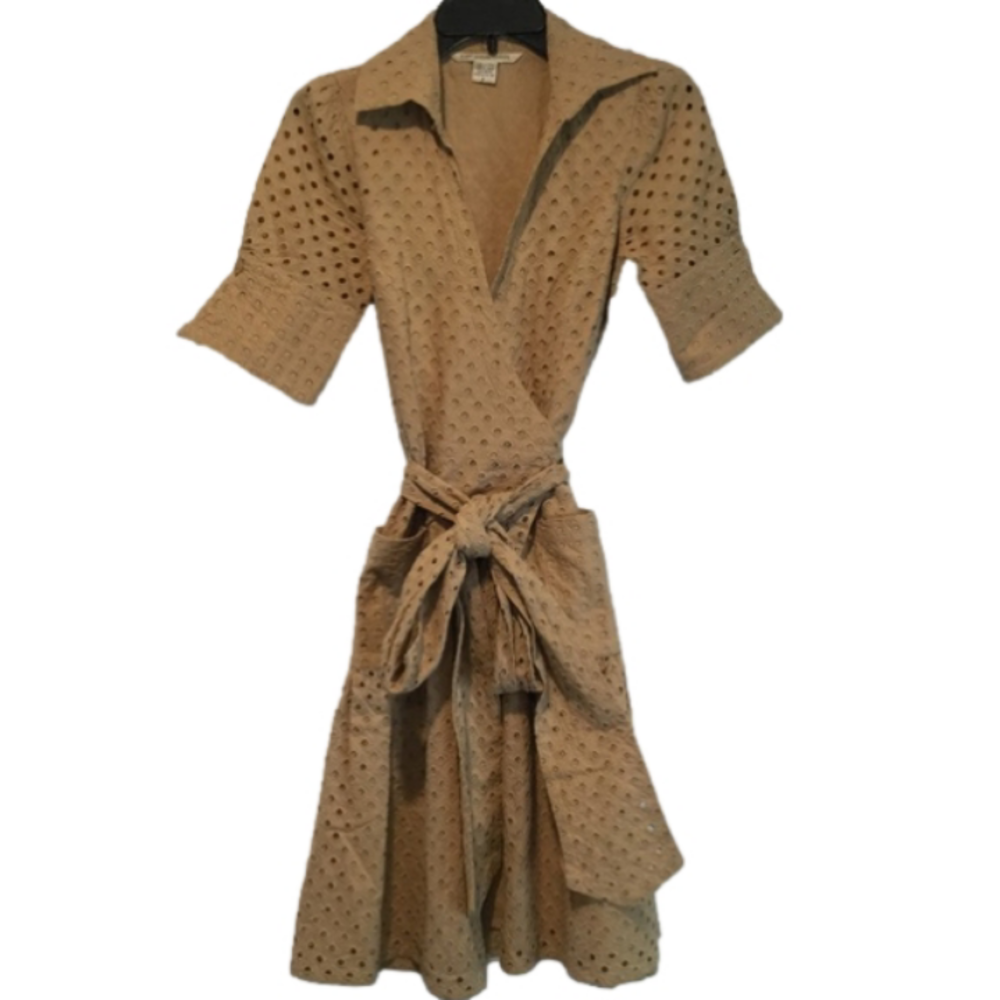 DIANE VON FURSTENBERG DVF VINTAGE CUTOUT GOLD WRAP DRESS w/ BELT sz 2